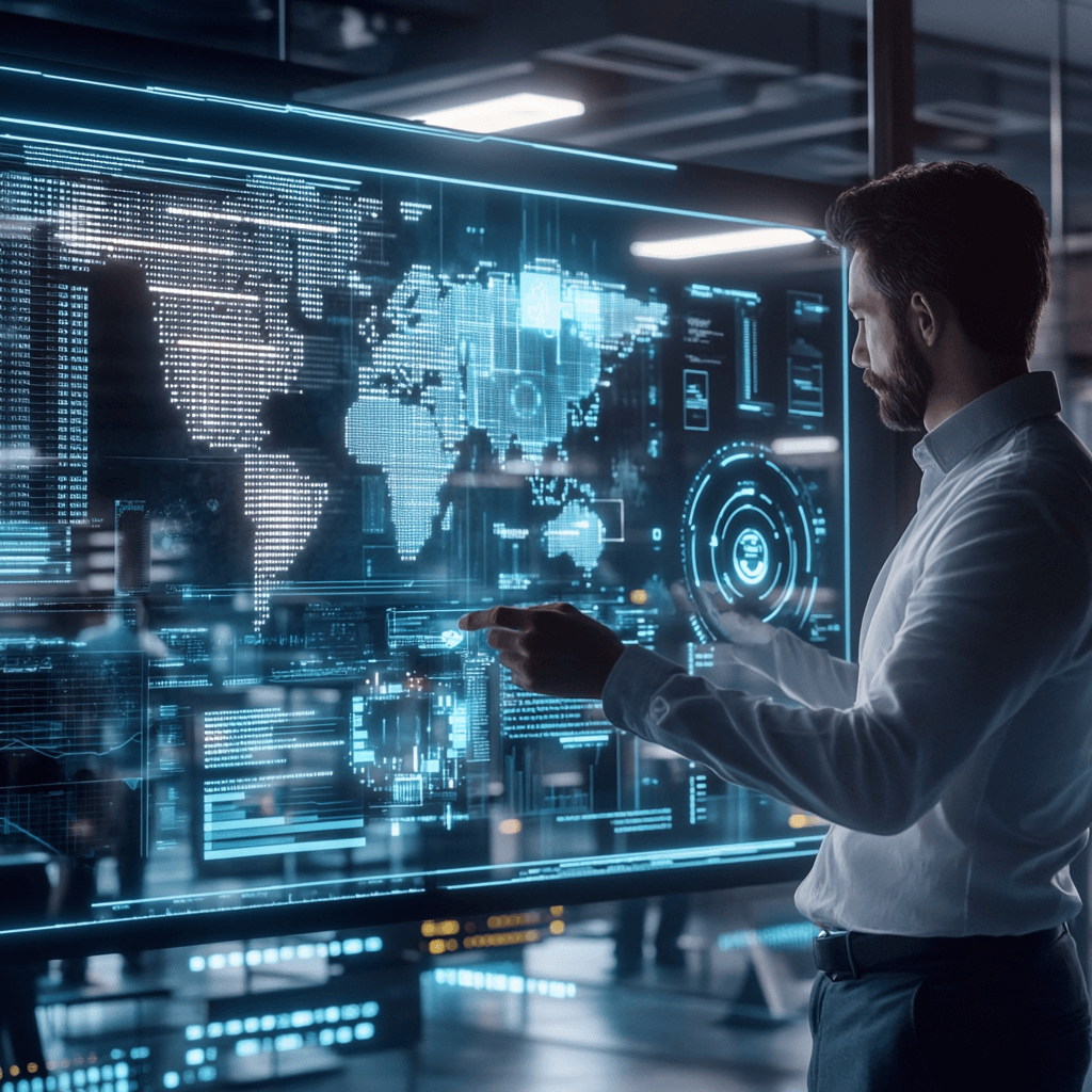 AI mentor segít vállalkozónak holografikus kijelzőn keresztül marketing és üzleti tervek készítésében